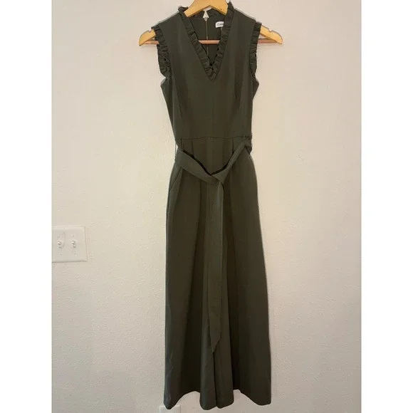 Calvin Klein Womens Ruffle V-Neck Wide Leg Jumpsuit Olive Green Size 2 Belted - Picture 1 of 9